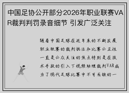 中国足协公开部分2026年职业联赛VAR裁判判罚录音细节 引发广泛关注