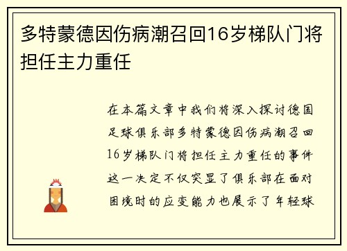 多特蒙德因伤病潮召回16岁梯队门将担任主力重任