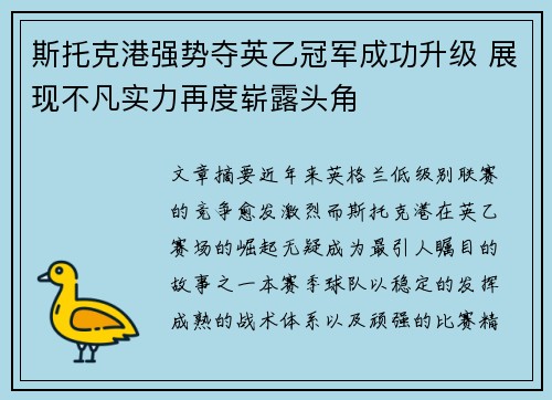 斯托克港强势夺英乙冠军成功升级 展现不凡实力再度崭露头角